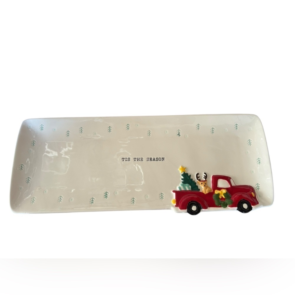 TAG TIS THE SEASON Christmas Holiday Serving Appetizer Tray Plate Red Truck EC
